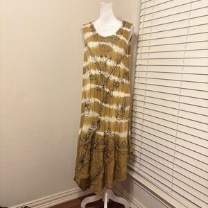 Brown Tie Dye Striped Embroidered Sequin Handkerchief Hem Boho Midi Dress